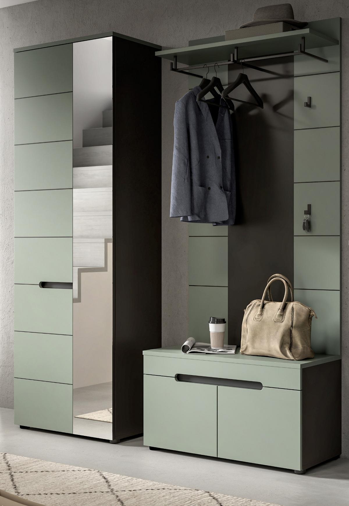 GARDEROBE-SET Salbei Grün und Grau, Garderobe 3-teilig 160 x 190 cm mit Soft-Close - Salbeigrün/Dunkelgrau, Holzwerkstoff/Kunststoff (160/190/37cm) - Inn.Furn