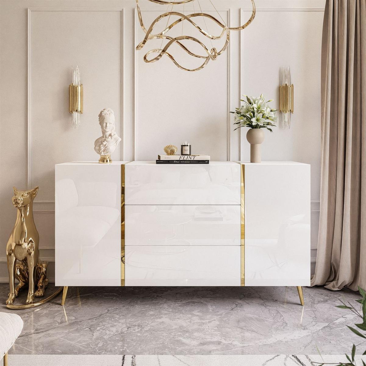 SIDEBOARD MIT SCHUBLADEN ONYX AUF GOLDENEN BEINEN HOCHGLANZ 158 CM PUSH OPEN - Weiß, Holzwerkstoff (158/88/41.3cm) - Lookway