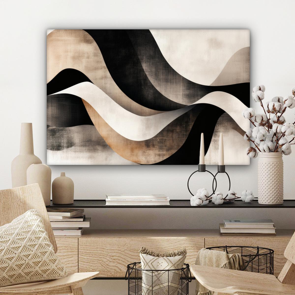 LEINWANDBILD Abstrakt - Wellen - Schwarz - Verwittert Gemälde 60x40 cm - Trüffeleichefarben, Textil (60/40cm) - MuchoWow