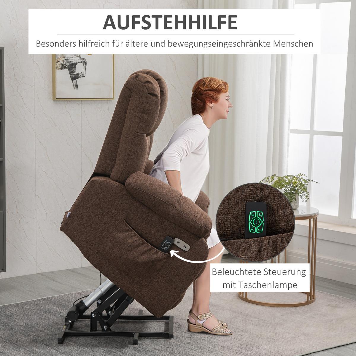 ELEKTRISCHER Aufstehsessel Liegestuhl mit Fernbedienung Netzkabel 58W Braun - Braun, Kunststoff (95/107/92cm) - HOMCOM