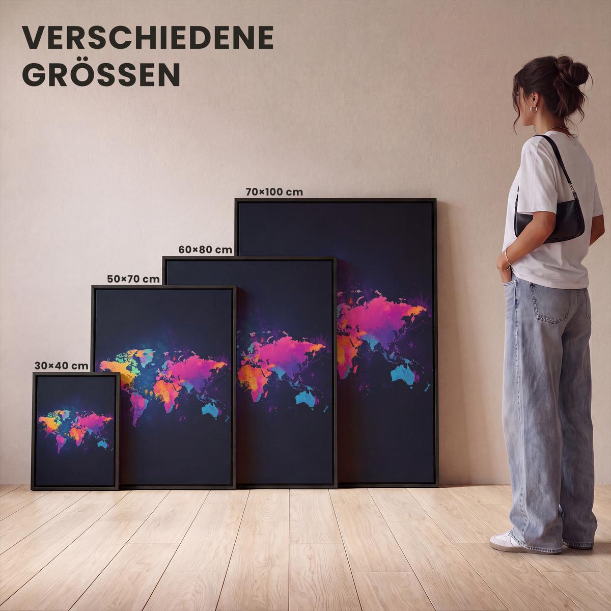 LEINWAND Bilder mit Rahmen - Weltkarte - Bunt - Graffiti - 30x40 - Multicolor, Textil (30/40cm) - MuchoWow