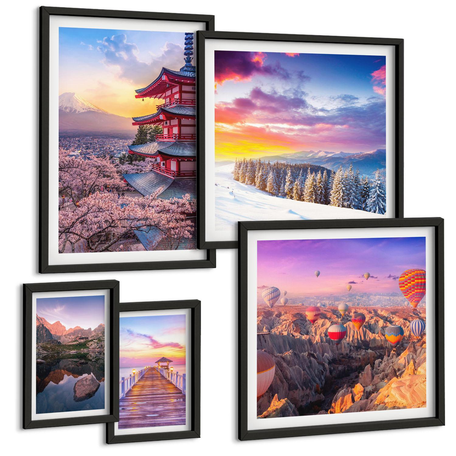 BILDER SET 5er Set - 50x50 cm & 20x30 cm & 40x60 cm Schwarzer Rahmen - Romantische Himmelslandschaften - Schwarz, Kunststoff (40/60cm) - TULUP