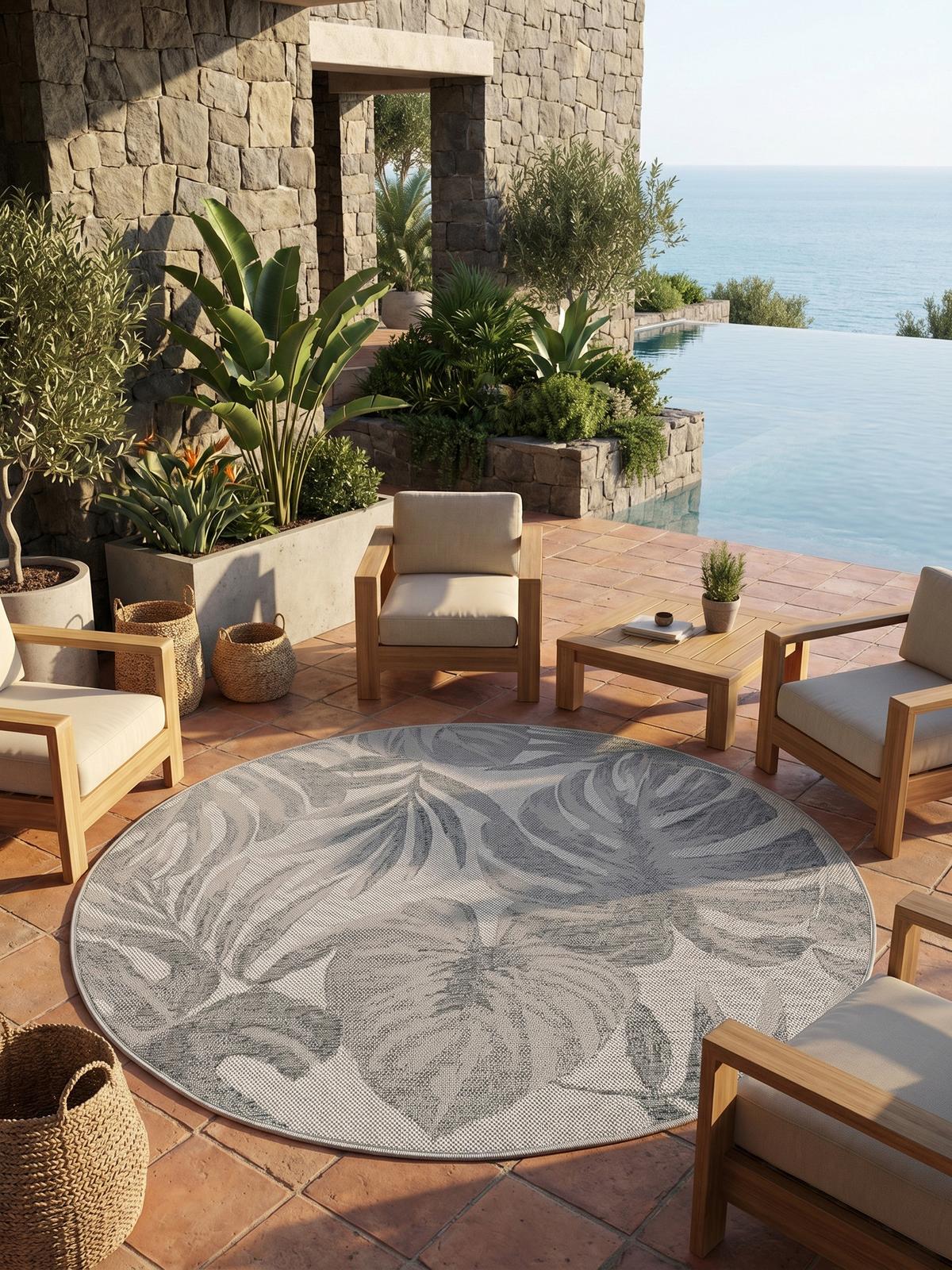 TEPPICH Outdoor VENTOUX in Grau, mit Tropen-Motiv, Ø 120 cm - Grau, Textil (120/120cm) - KADIMA DESIGN