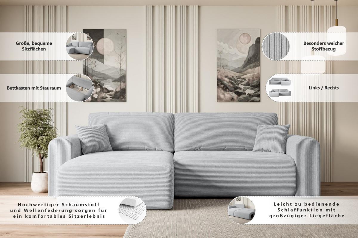 ECKSOFA mit Schlaffunktion und Bettkasten ORRO-L - 272x145x83 cm Beige Velours - Beige/Schwarz, Holzwerkstoff/Kunststoff (272/145cm) - ALTDECOR