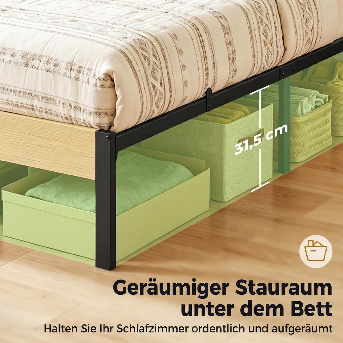 BETTGESTELL Metall Spanplatte Naturholz Schwarz Naturholz - Schwarz, Metall (90/200cm) - HOMCOM