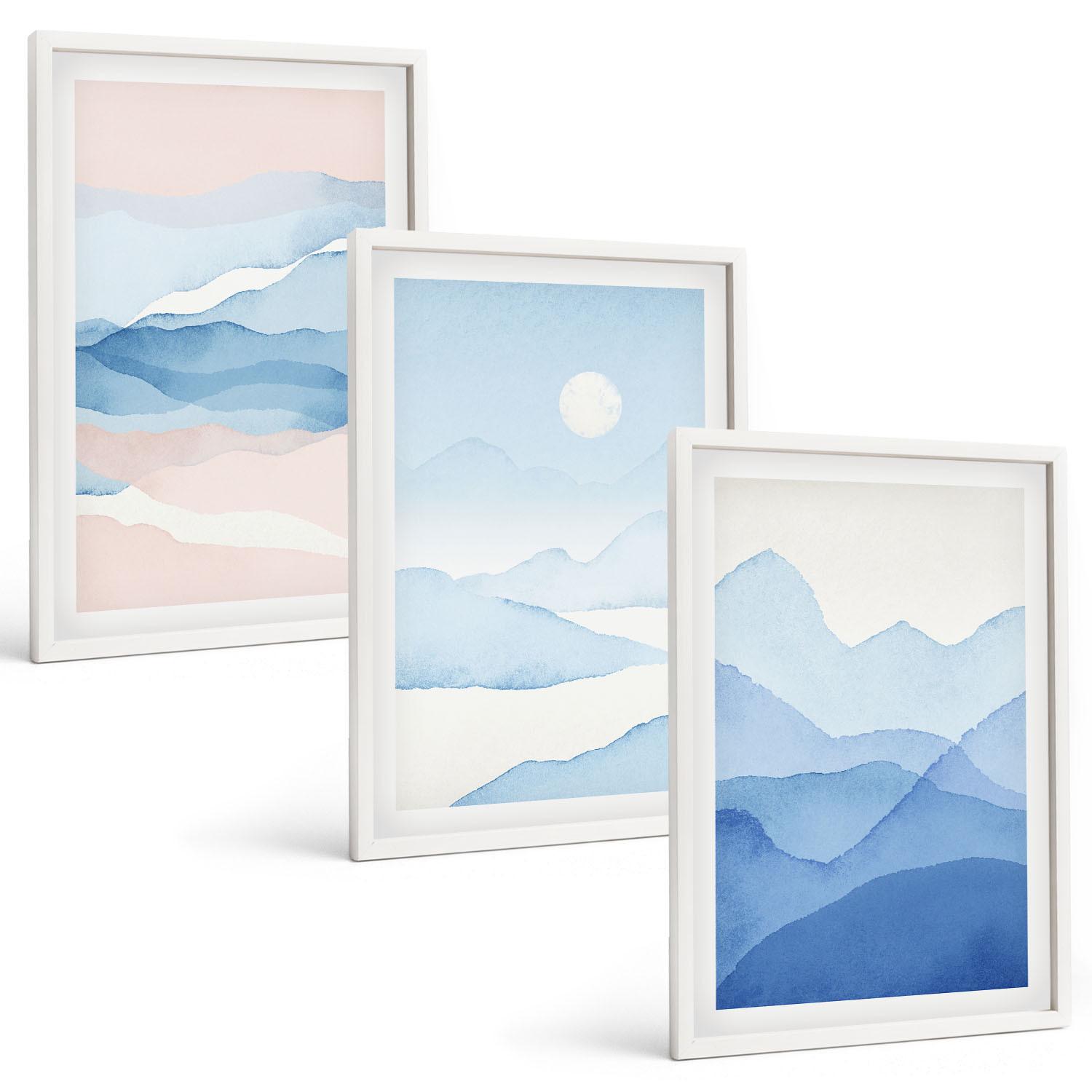 BILDER SET 3er Set - 40x60 cm Weißer Rahmen - Aquarell: Blau-rosa Berge - Weiß, Kunststoff (40/60cm) - TULUP