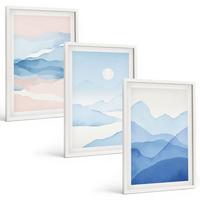 BILDER SET 3er Set - 40x60 cm Weißer Rahmen - Aquarell: Blau-rosa Berge - Weiß, Kunststoff (40/60cm) - TULUP