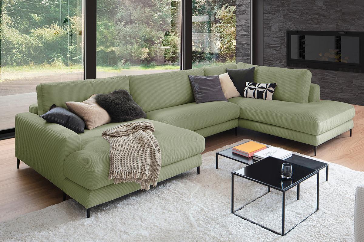 WOHNLANDSCHAFT CARA Grün Cord - Schwarz/Olivgrün, Textil (341/84/223cm) - KAWOLA