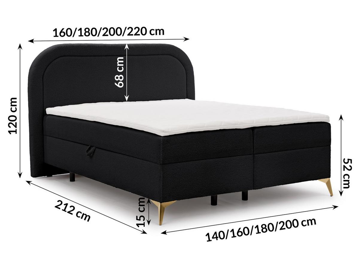 BOXBETT Sonna 160/200 cm Schwarz Bouclé-Stoff mit abgerundetem Kopfteil und mit goldenen Metallfüßen - Goldfarben/Schwarz, Holz/Textil (160/200cm) - S-Style Möbel