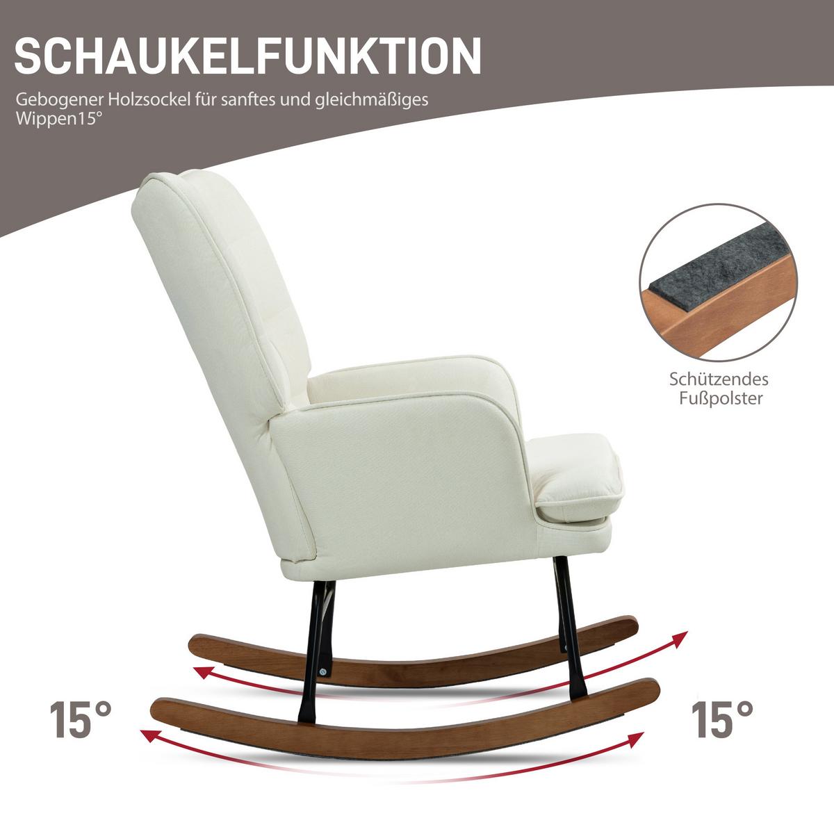 SCHAUKELSTUHL Schwingsessel mit Hocker Armlehnsessel Relaxsessel mit Leinenoptik - Creme/Schwarz, Holz/Buchenholz (89/90/64cm) - HOMCOM