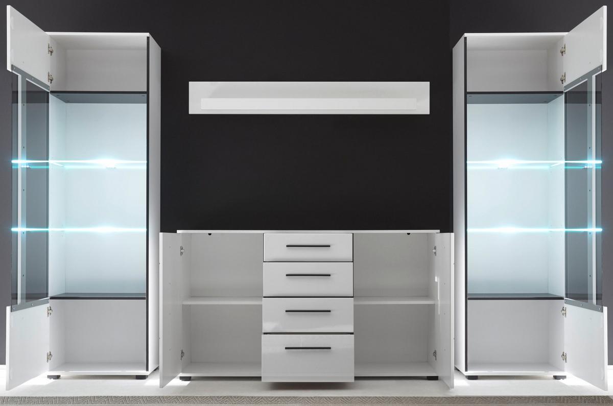 WOHNWAND Hochglanz weiß 4-teilig 290 cm, Wohnkombination modern, Soft-Close - Weiß Hochglanz/Schwarz, Glas/Holzwerkstoff (290/200/42cm) - Furn.Design