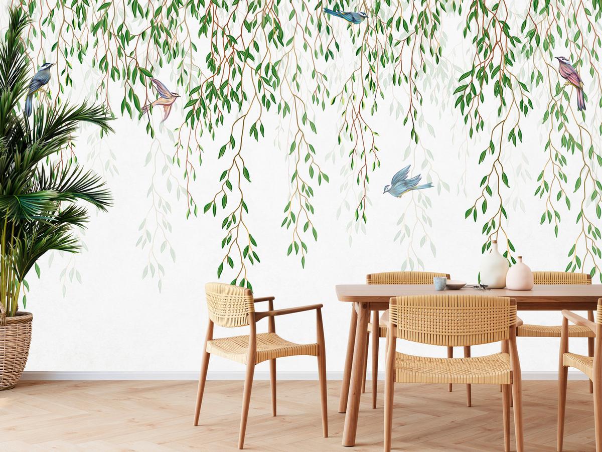 FOTOTAPETE für Schlafzimmer Trauerweide Äste Vögel Frühling Blätter 500x350 - Blau/Beige, Papier (500/350cm) - Muralo