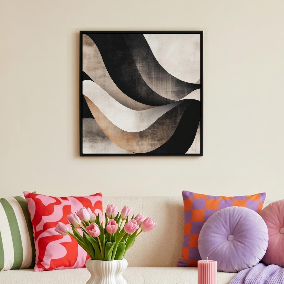 LEINWAND Bilder mit Rahmen - Abstrakt - Wellen - Schwarz - Verwittert - 50x50 - Trüffeleichefarben, Textil (50/50cm) - MuchoWow