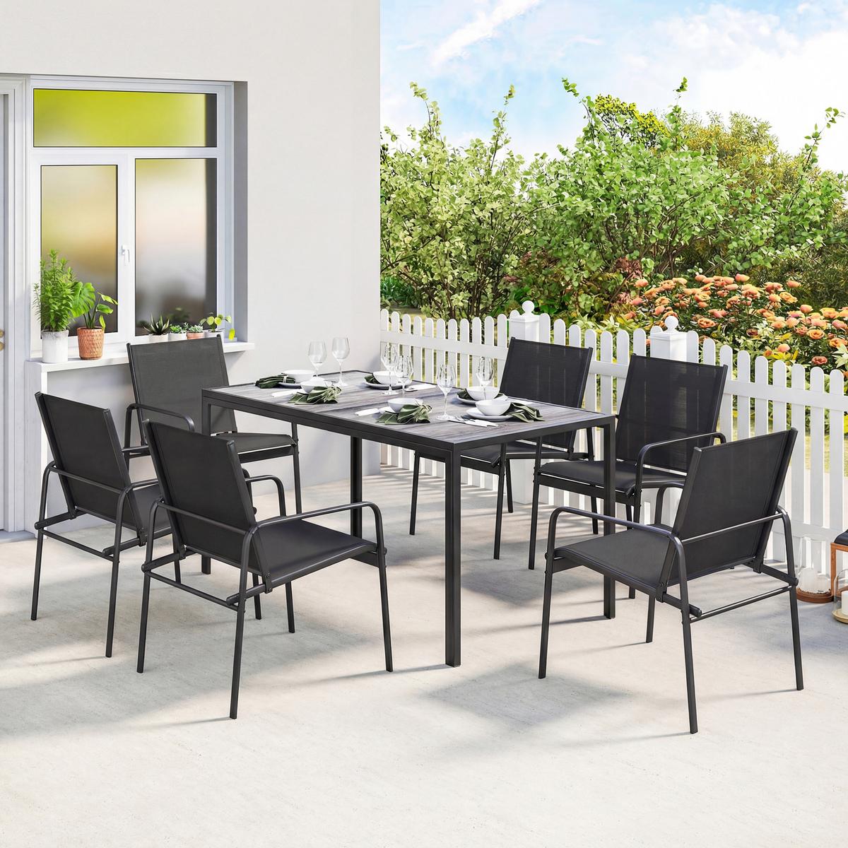 GARTENGARNITUR 7 TLG. Verzinkter-Stahl Schwarz - Schwarz/Grau, Kunststoff/Metall - Outsunny