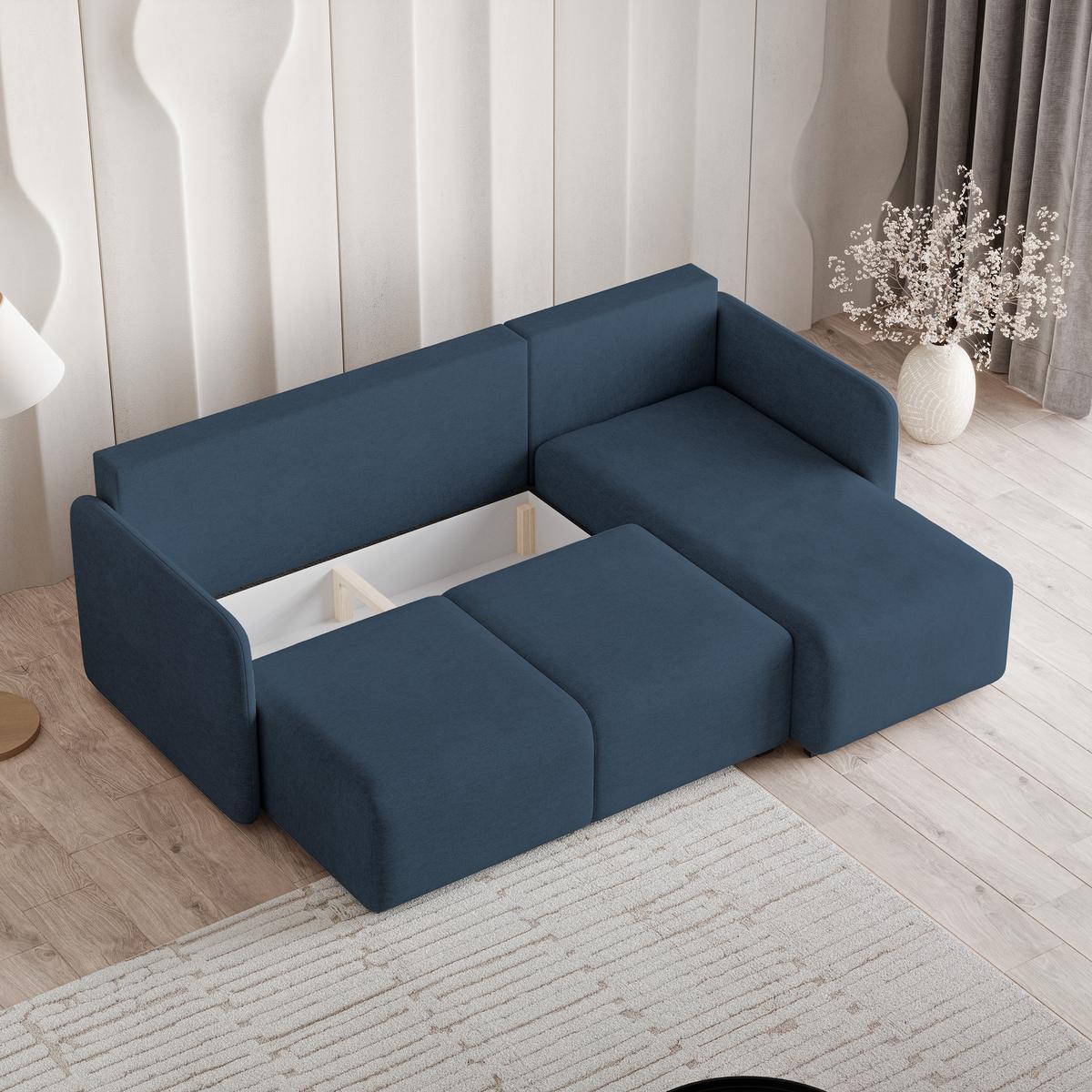 ECKSOFA SUVINO Blau Geflochtener Stoff mit Schlaffunktion - Blau, Holz (230/143cm) - MASSENO