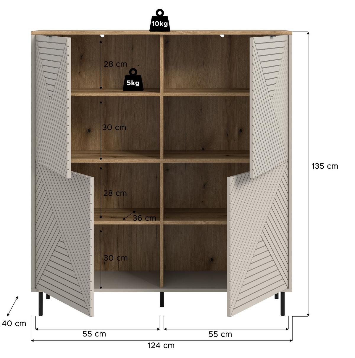 HIGHBOARD Kaschmir, Evoke Eiche 124 x 135 cm, Kommode in modernem Design - Kaschmir/Eichefarben, Holzwerkstoff/Metall (124/135/40cm) - Inn.Furn