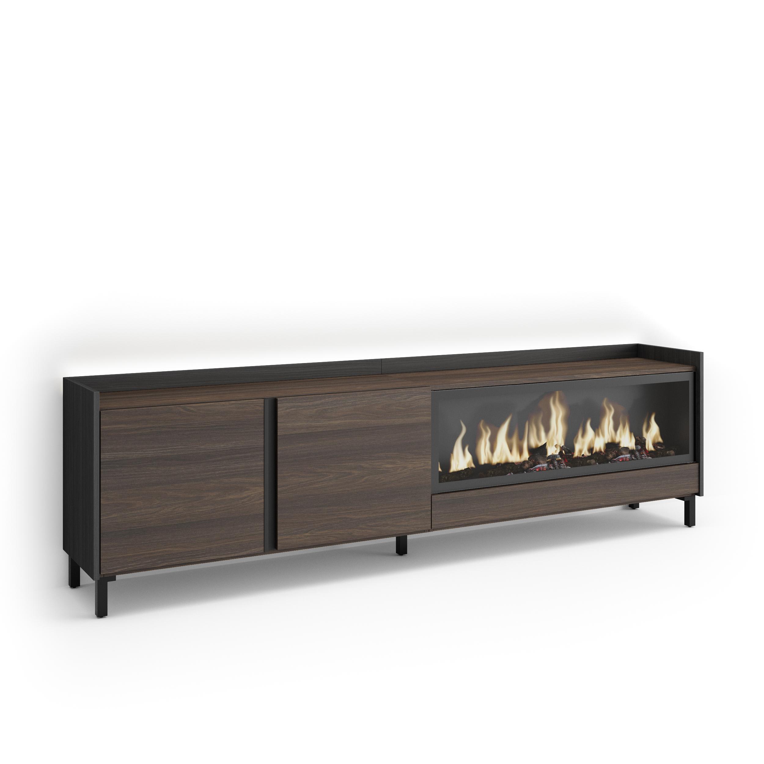 LOWBOARD, Eiche und Schwarz, 212/35/61cm, Kamin mit Feuereffekt XXL - Dunkelbraun, Holzwerkstoff (212/61/35cm) - Skraut Home
