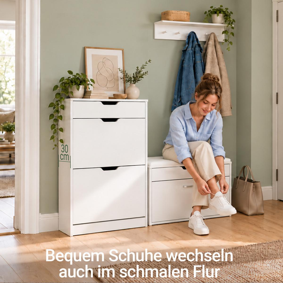 SCHUHSCHRANK mit 2 Klappen und 1 Schublade, Weiß 60x90x30cm - Weiß, Holzwerkstoff (60/90/30cm) - SoBuy