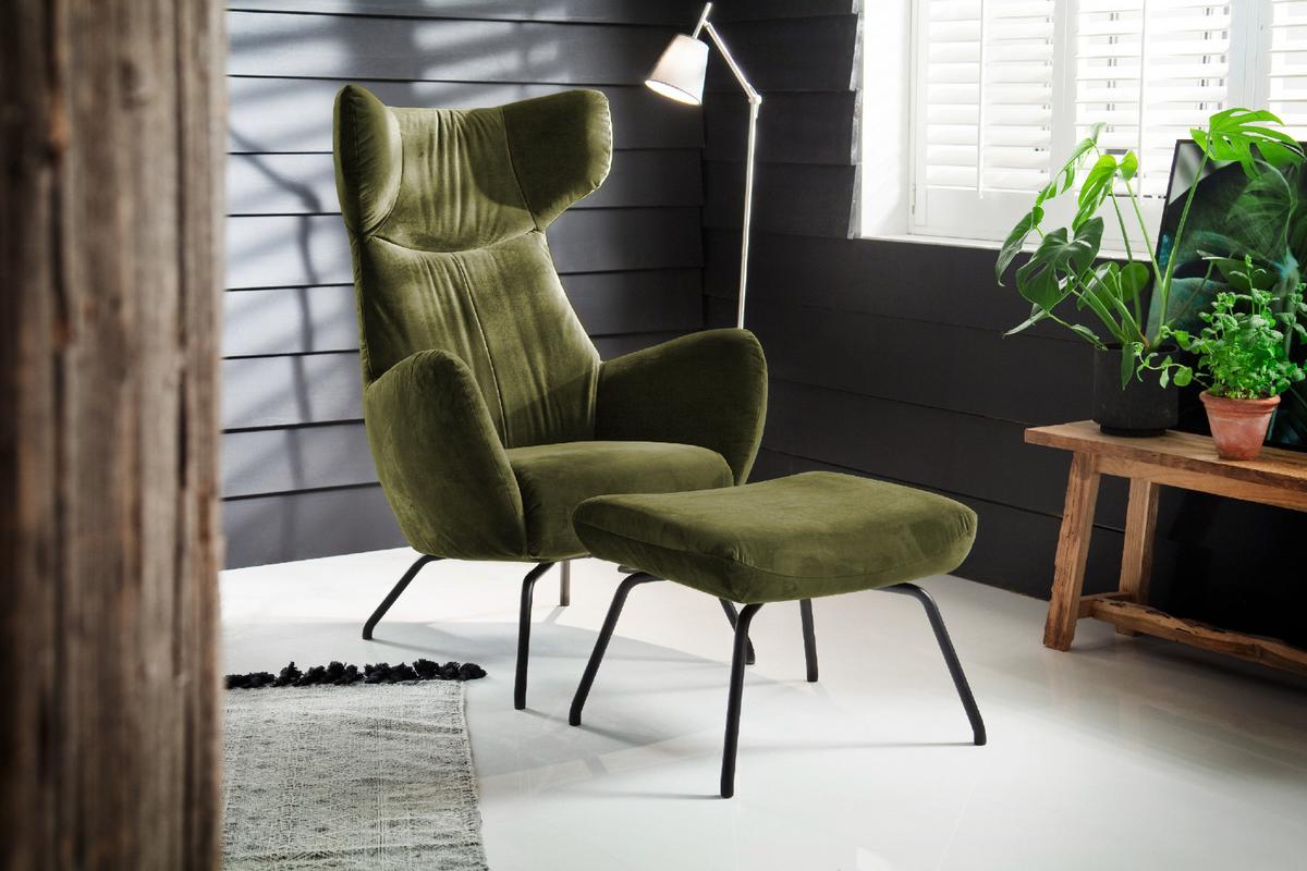 SESSEL MIT HOCKER LOTTE Dunkelgrün Velvet - Dunkelgrün/Schwarz, Textil (79/117/82cm) - KAWOLA