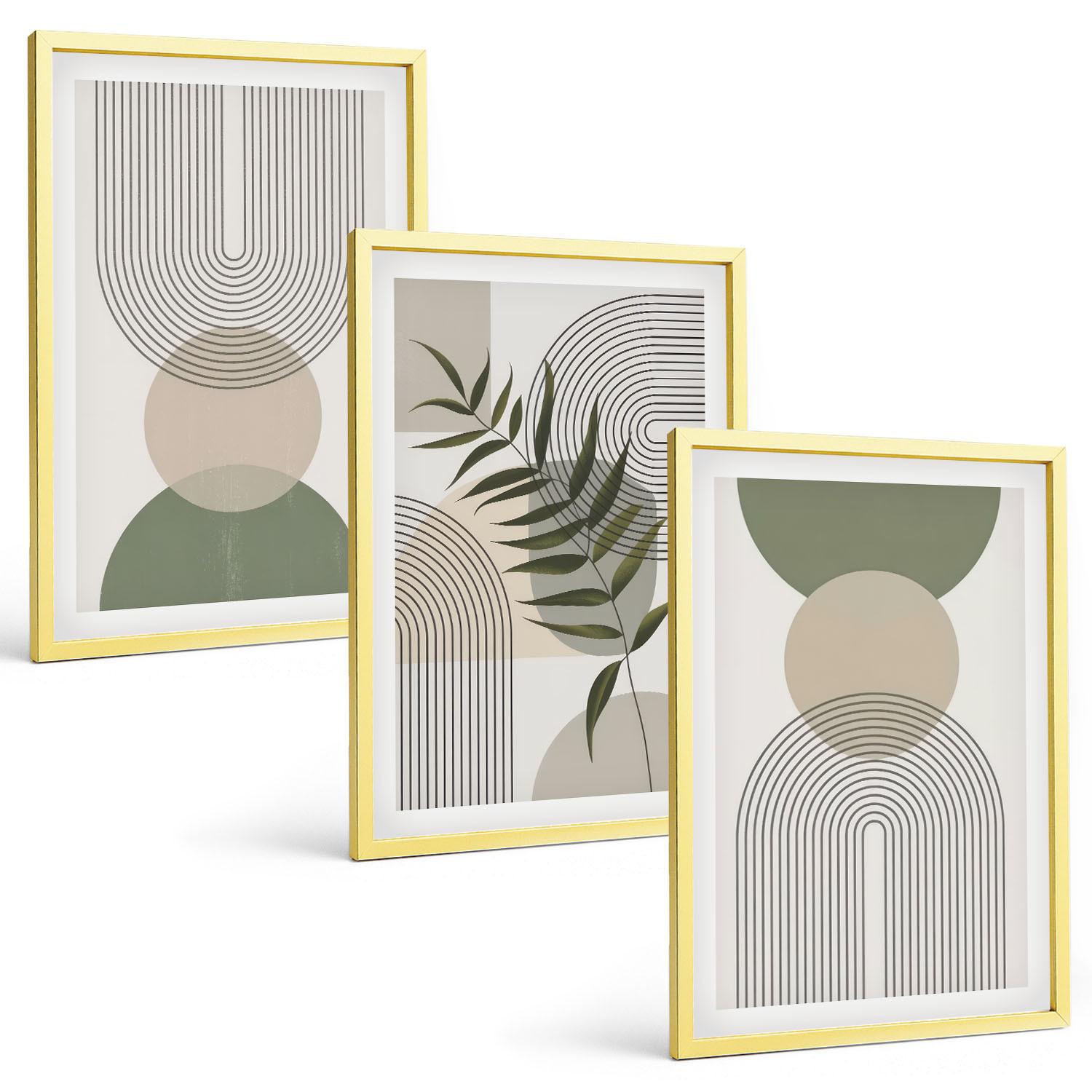 BILDER SET 3er Set - 40x60 cm Goldrahmen - Abstrakte Formen mit Grün - Goldfarben, Kunststoff (40/60cm) - TULUP