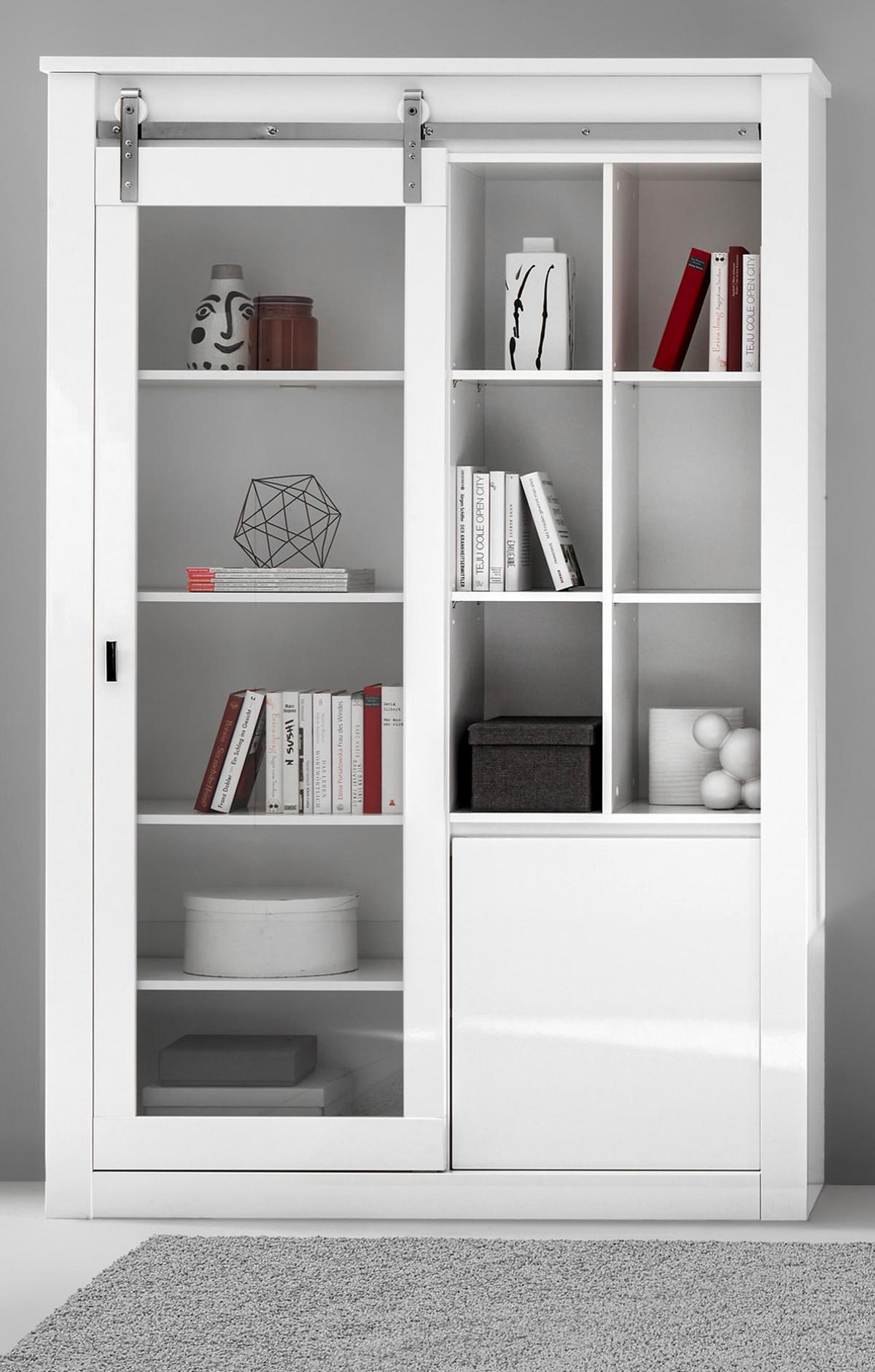 VITRINE weiß Hochglanz 133 x 201 cm, Vitrinenschrank inklusive LED-Beleuchtung, Soft-Close - Chromfarben/Weiß Hochglanz, Glas/Holzwerkstoff (133/153/38cm) - Furn.Design