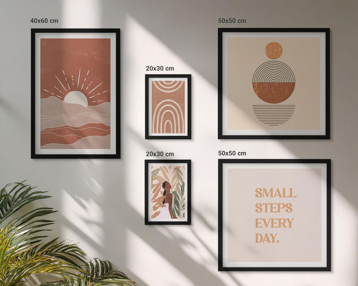 BILDER SET 5er Set - 50x50 cm & 20x30 cm & 40x60 cm Schwarzer Rahmen - Ein entspannter Buddha am Strand - Schwarz, Kunststoff (40/60cm) - TULUP