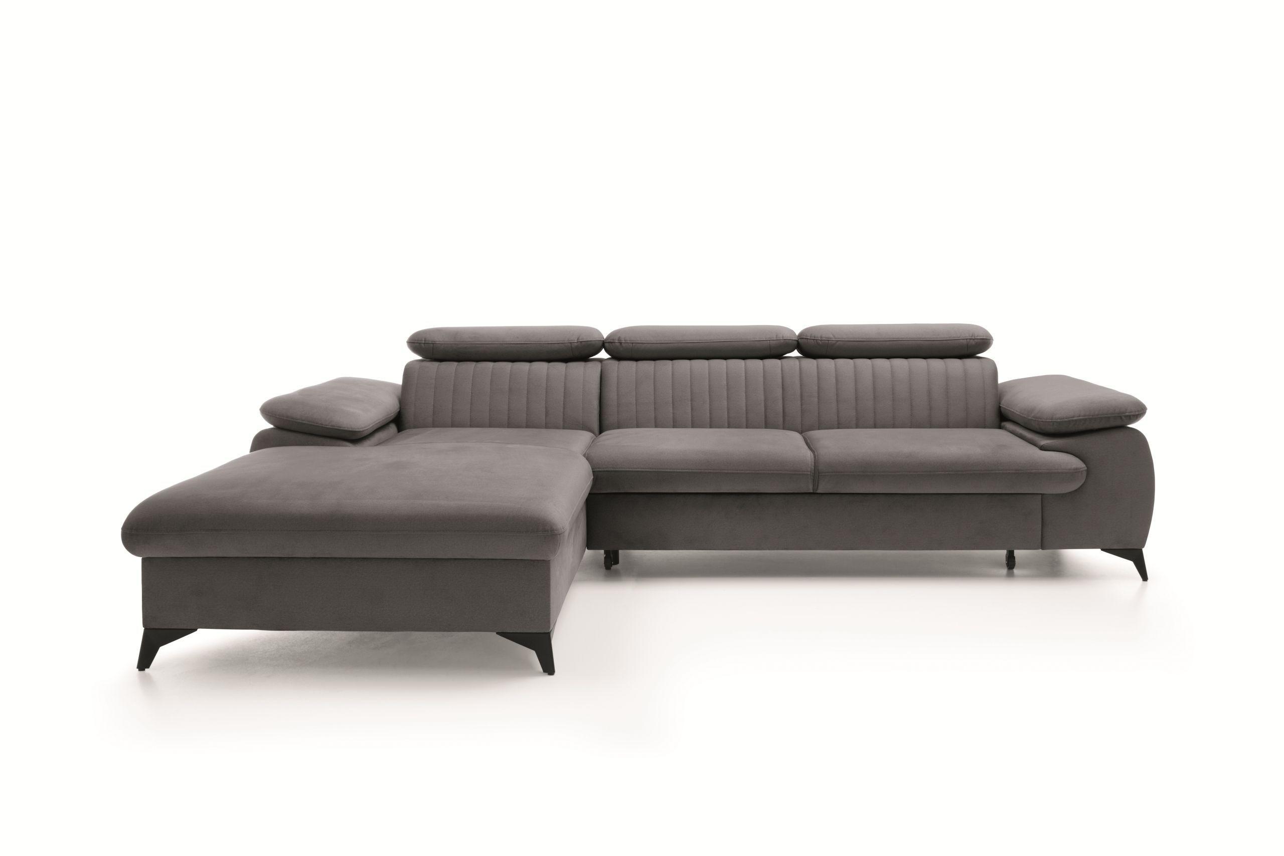 ECKSOFA FIORE Grau Velours-Stoff mit Schlaffunktion - Grau, Holz (275/221cm) - MASSENO