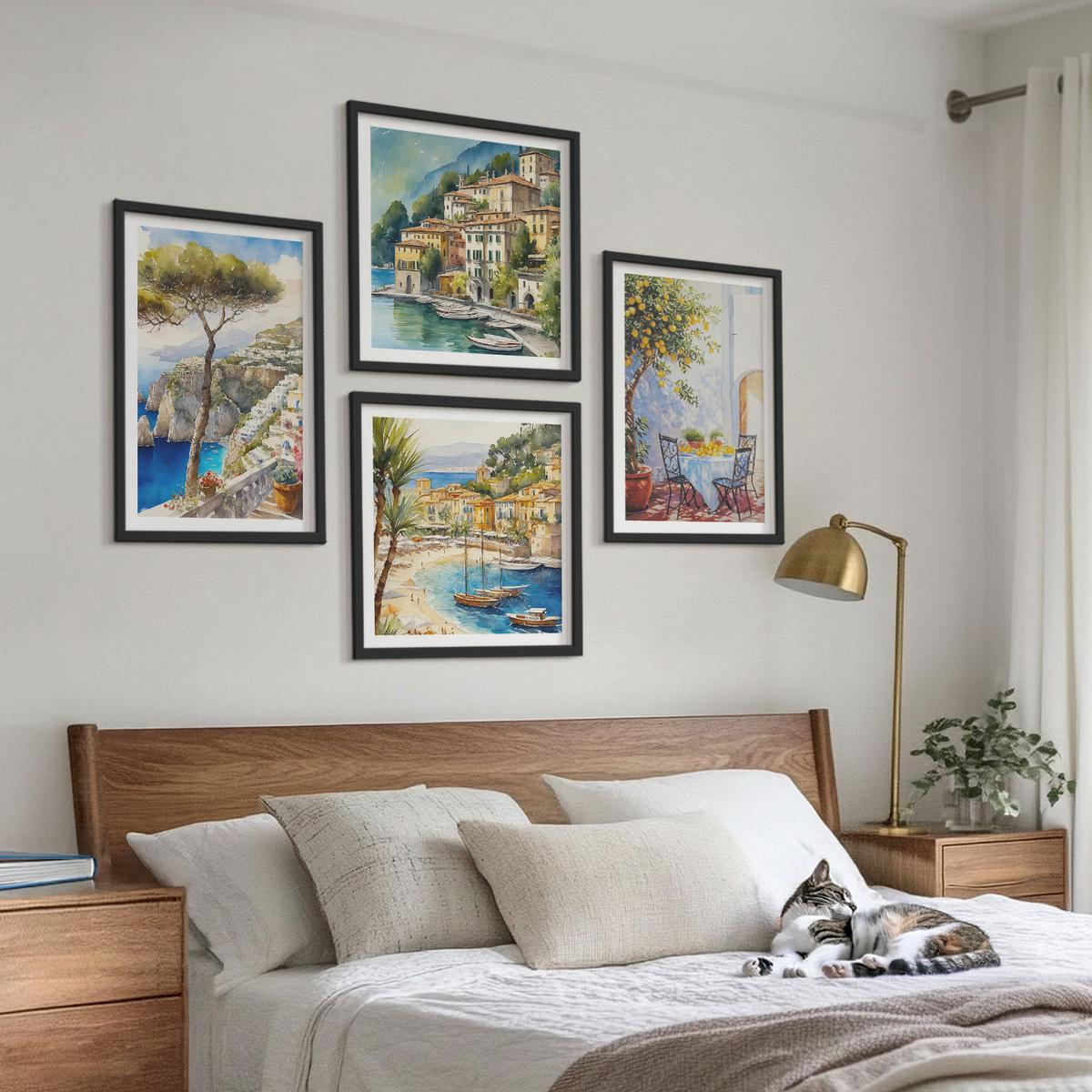 BILDER SET 4er Set - 50x50 cm & 40x60 cm Schwarzer Rahmen - Italienische Städte (Aquarell) - Schwarz, Kunststoff (50/50cm) - TULUP