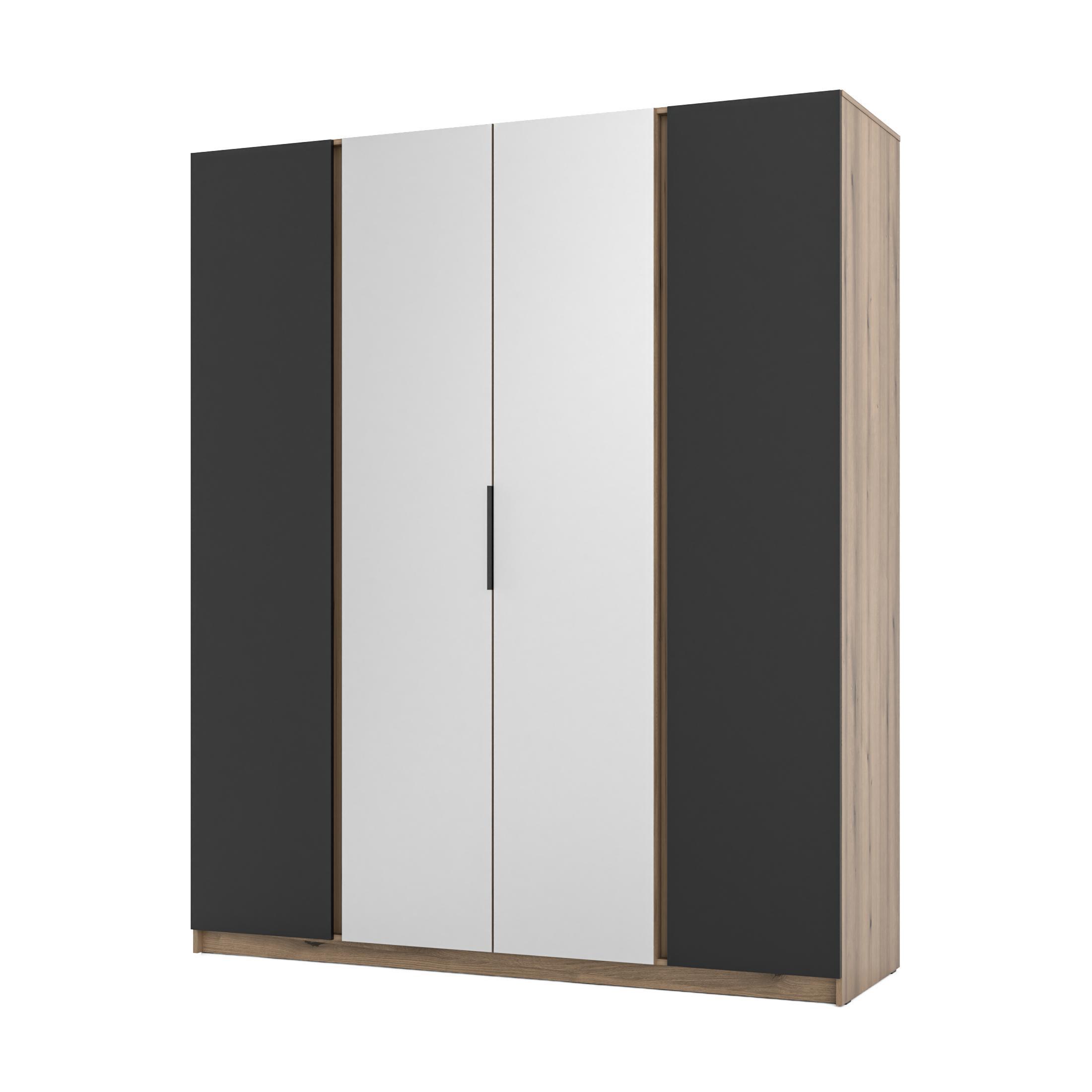 KLEIDERSCHRANK Nehir Eiche Evoke/Schwarz 200 cm - 4T Modern mit 2 Spiegeln mittig - Eichefarben/Schwarz, Holzwerkstoff/Kunststoff (200/239/61.9cm) - AX Living