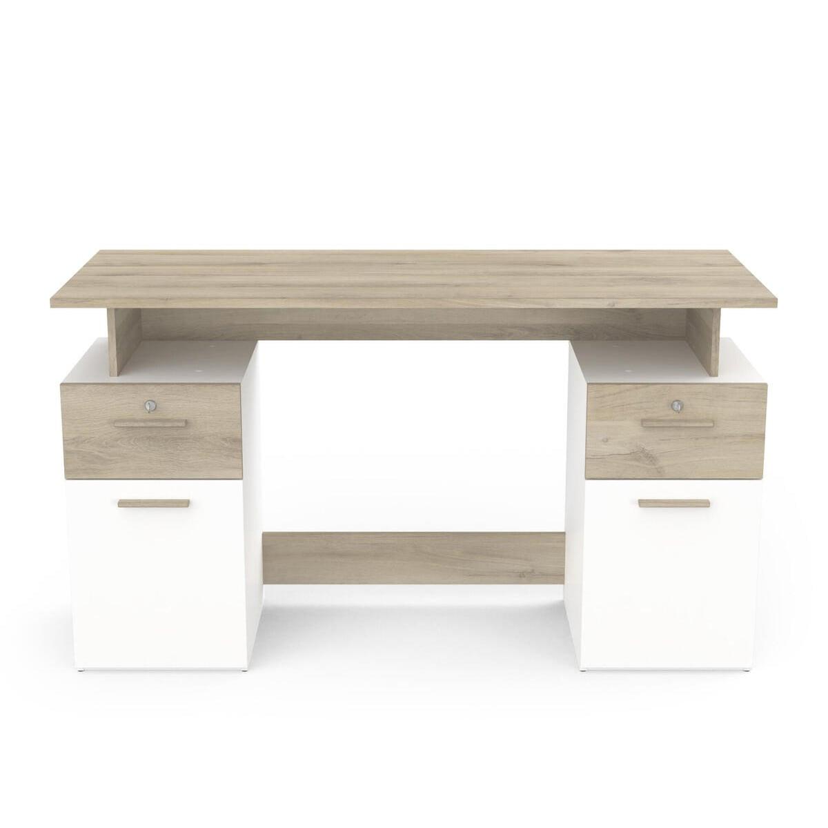 SCHREIBTISCH mit Doppelcontainer, in Holz und Weiß Dekor - L134,8 cm - Platon - Eichefarben/Weiß, Holzwerkstoff (56/55/76.4cm) - Calicosy