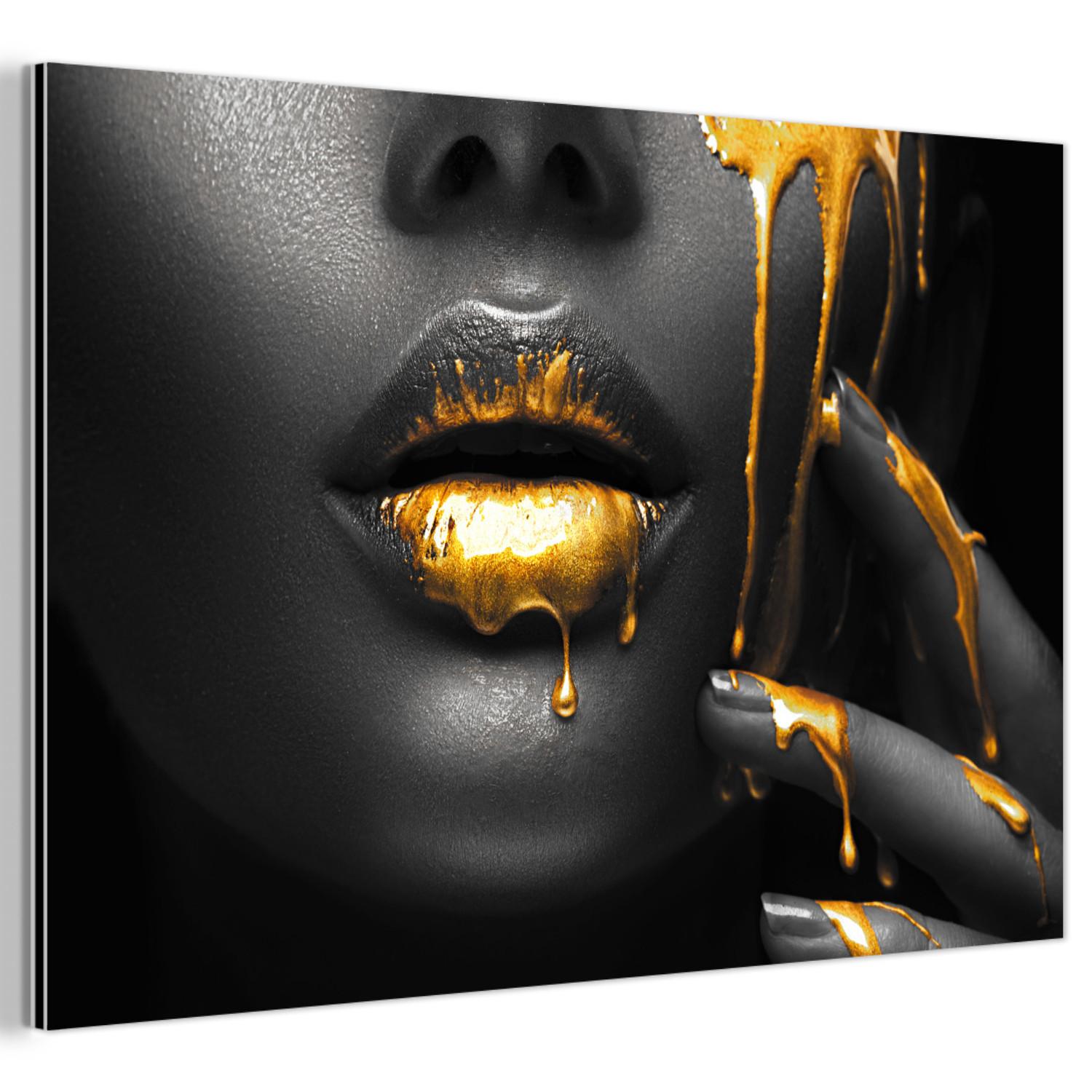 METALLBILD Frau - Schwarz - Gold - Gesicht - Lippen Deko Groß 120x80 cm - Goldfarben, Metall (120/80cm) - MuchoWow
