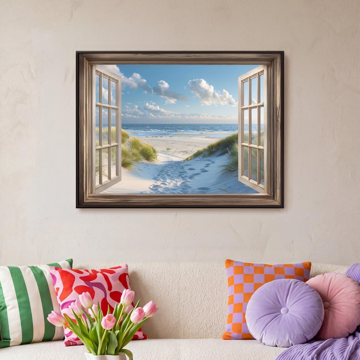 LEINWAND Bilder mit Rahmen - Aussicht - Strand - Fenster - Dünen - Meer - 80x60 - Hellblau, Textil (80/60cm) - MuchoWow