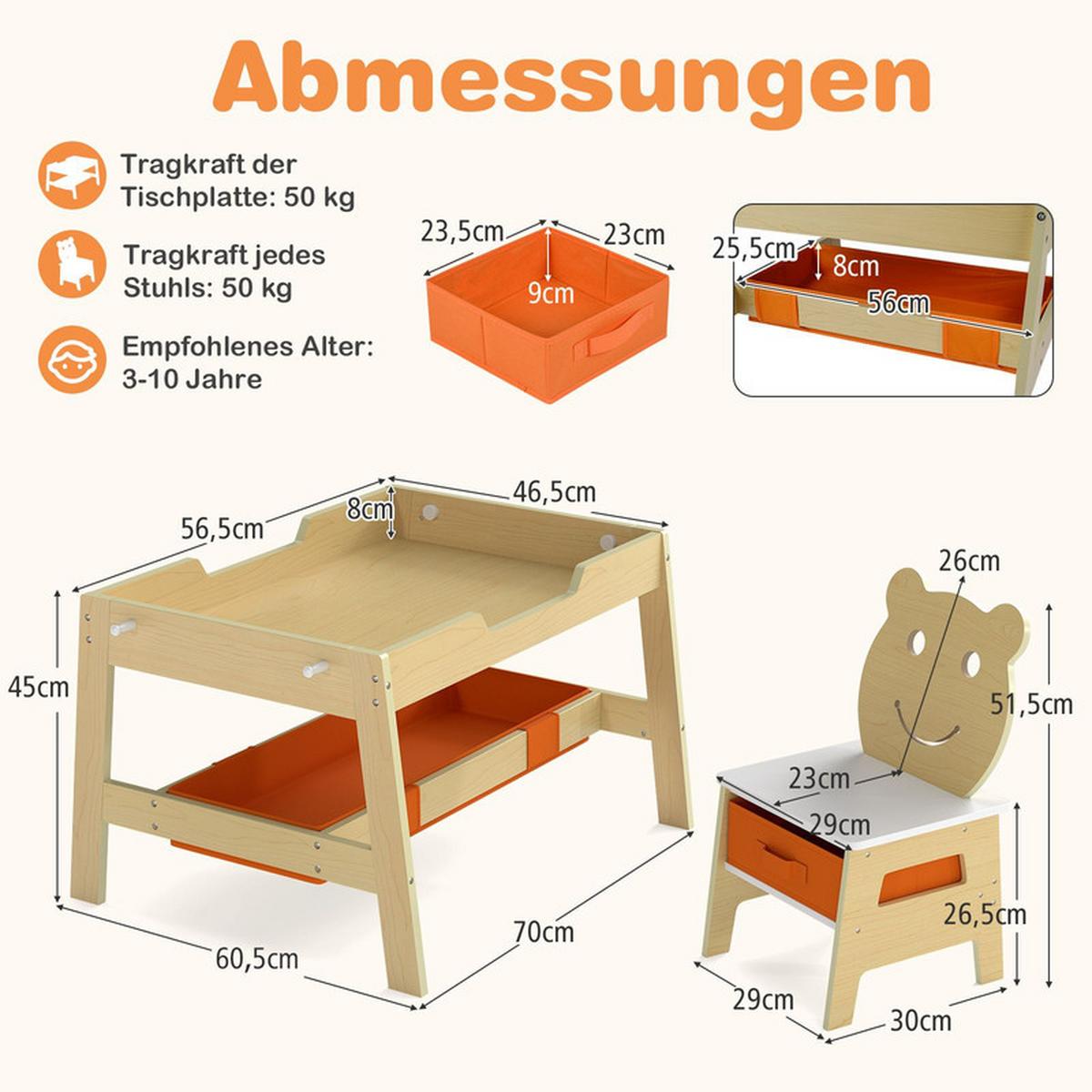 KINDERTISCH mit stuhl natur(3-tlg) - Naturfarben, Holzwerkstoff (70/45/60.5cm) - COSTWAY