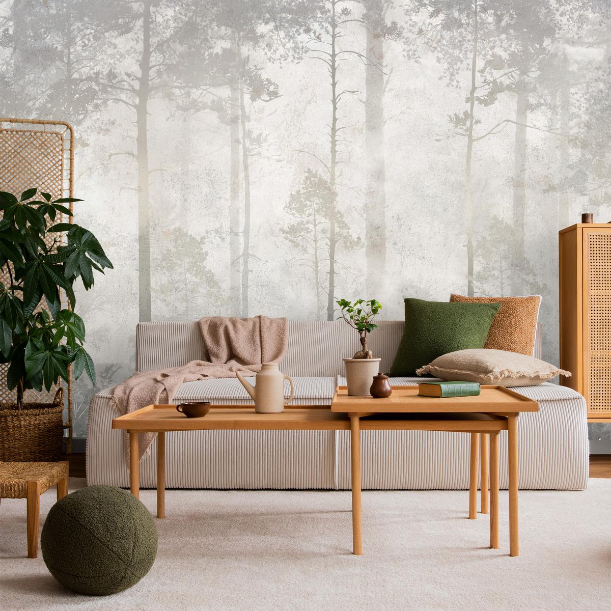 FOTOTAPETE für Wohnzimmer Nebliger Wald Vintage Bäume 400x280 - Beige/Grau, Papier (400/280cm) - Muralo