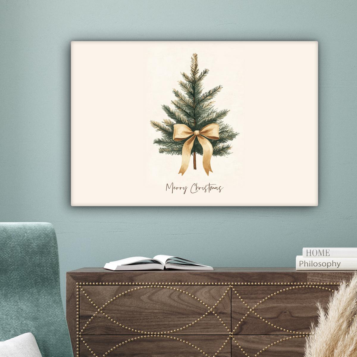 LEINWANDBILD Weihnachtsbaum - Weihnachten - Frohe Weihnachten - Beige Wanddeko 90x60 cm - Sandfarben, Textil (90/60cm) - MuchoWow