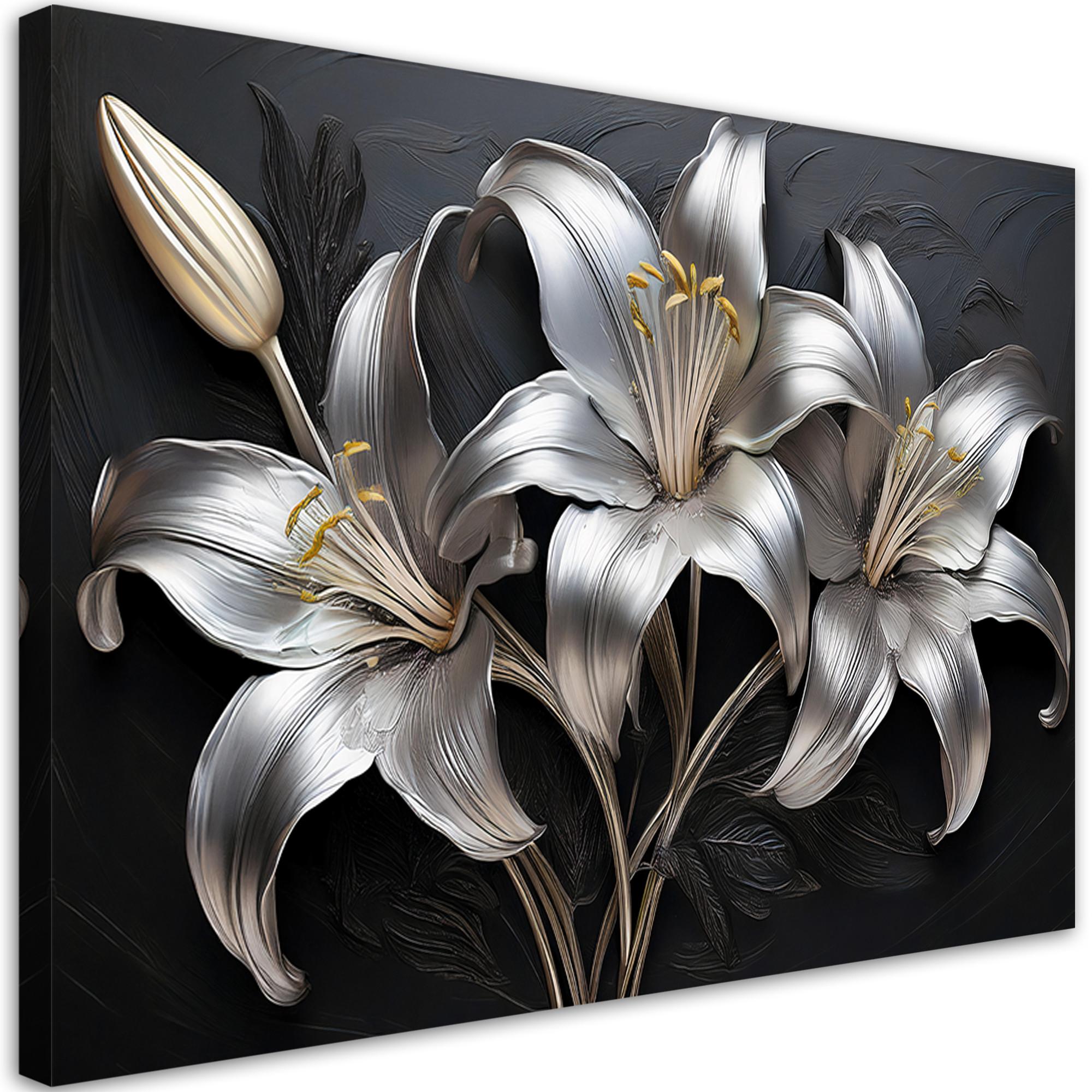 WANDBILD lilien blumen silber bemalt - Silberfarben, Textil (60/40cm) - Feeby