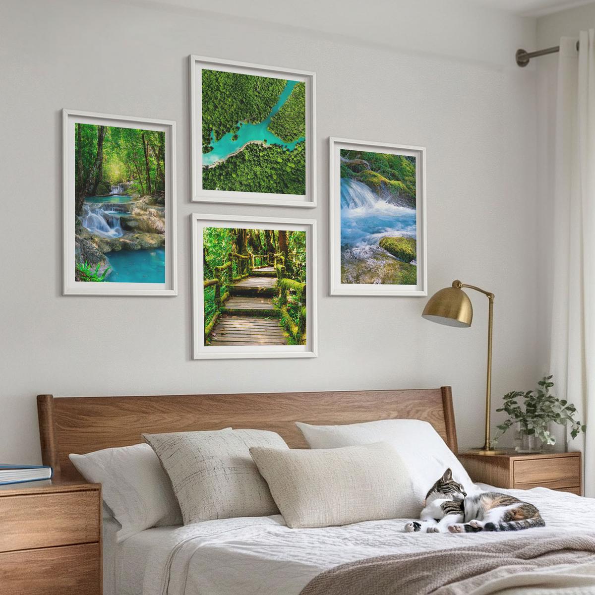 BILDER SET 4er Set - 50x50 cm & 40x60 cm Weißer Rahmen - Grüne Wälder, kristallklares Wasser - Weiß, Kunststoff (50/50cm) - TULUP