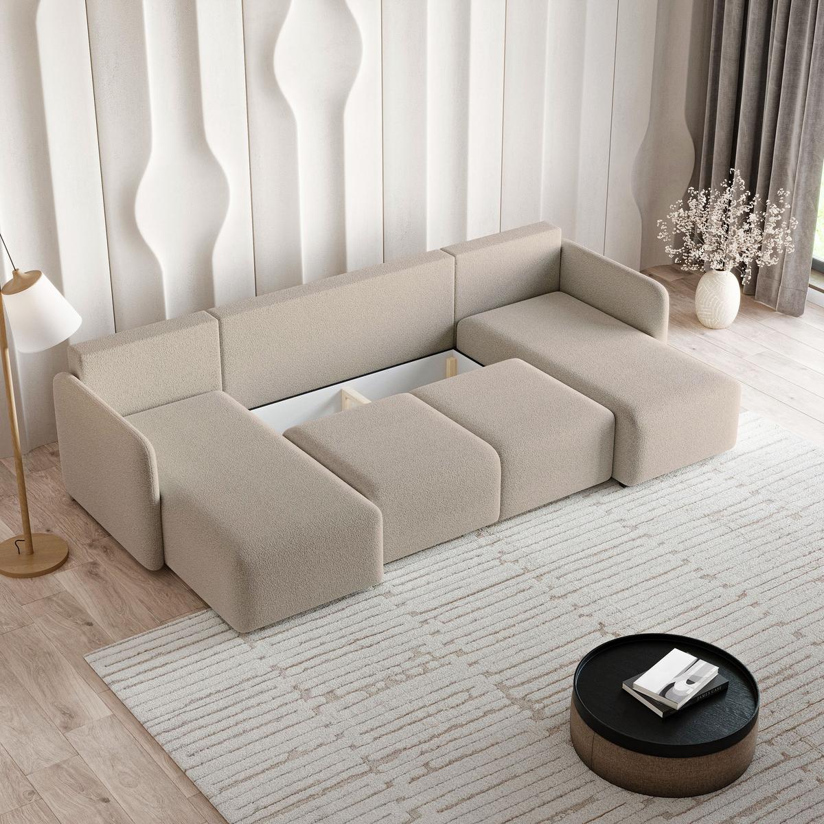 WOHNLANDSCHAFT NUBERO Beige Boucle-Stoff mit Schlaffunktion - Beige, Holz (285/85/143cm) - MASSENO