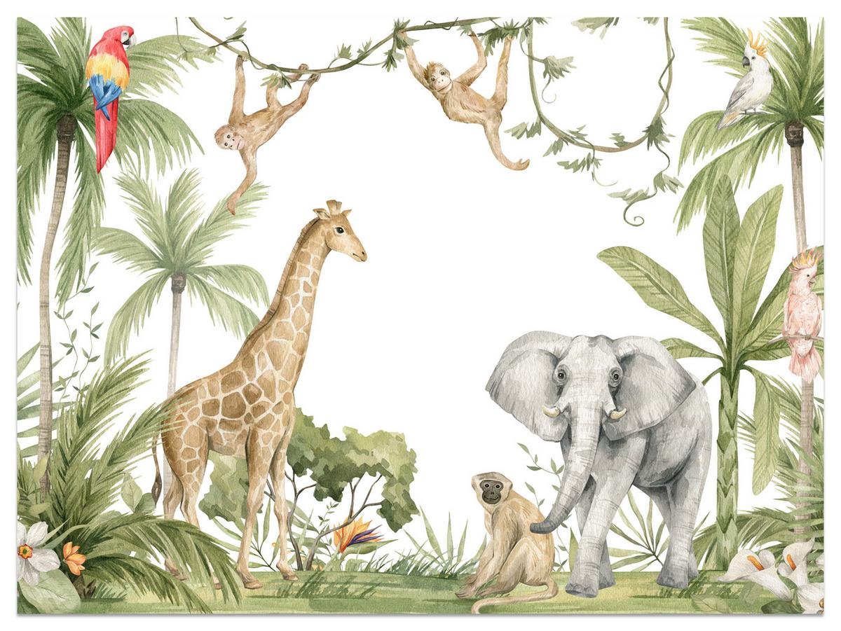 FOTOTAPETE für Kinderzimmer Dschungel Tiere Giraffe Elefant Palmen 200x140 - Beige/Rot, Papier (200/140cm) - Muralo