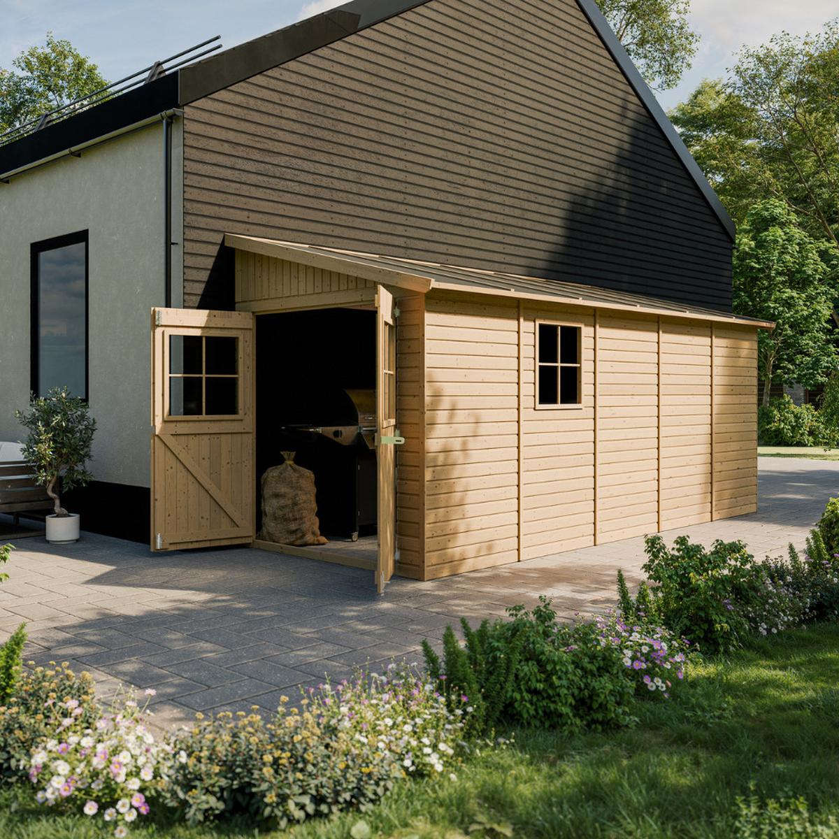 HOLZ-GARTENHAUS (ohne Seitenwand) - H244x211x514 cm/10 m2 - M341 - Beige, Holz (216/243/493cm) - Timbela