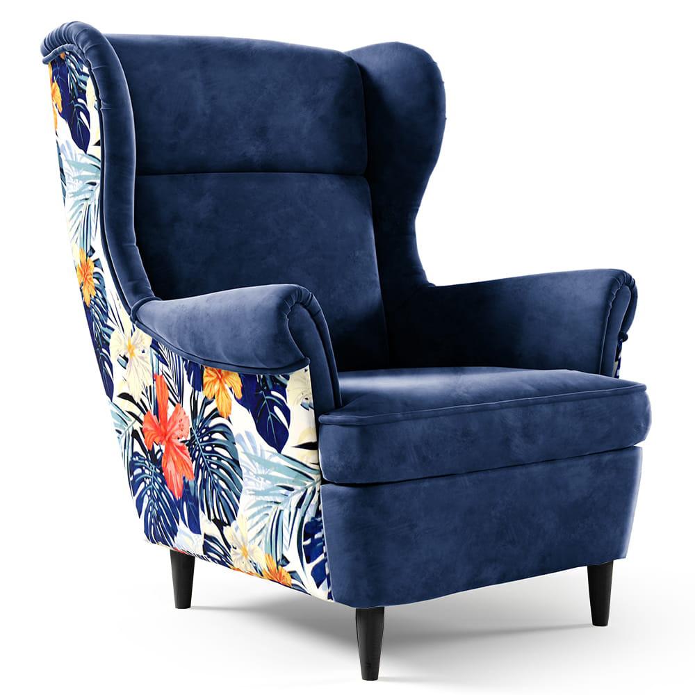 OHRENSESSEL Havana im skandinavischen Stil, Dunkelblau, mit Beinen in Wengefarbe - Wengefarben/Dunkelblau, Holzwerkstoff (82/102/92cm) - Beautysofa