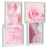 BILDER SET 4er Set - 50x50 cm & 40x60 cm Weißer Rahmen - Rosa geometrische Pfingstrosen - Weiß, Kunststoff (50/50cm) - TULUP
