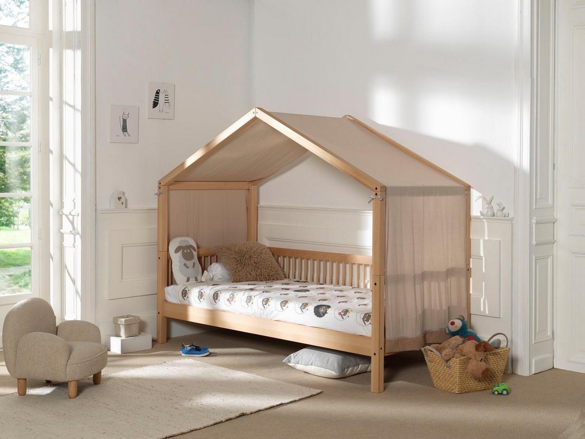 HAUSBETT Kelci 90x200 mit Textilhimmel + Umrandung Buche massiv natur - Buchefarben, Holz (90/200cm) - 58aufmkessel
