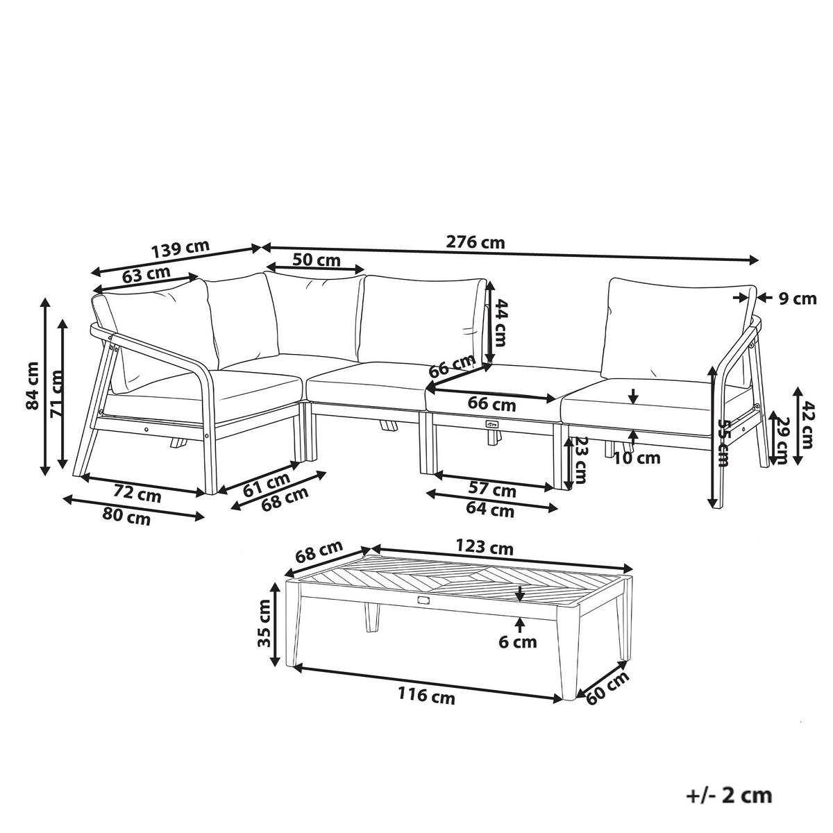GARTEN Ecksofa mit Tisch 5-Sitzer modular Akazienholz Hellbraun Rivello - Hellbraun/Beige, Holz - Beliani