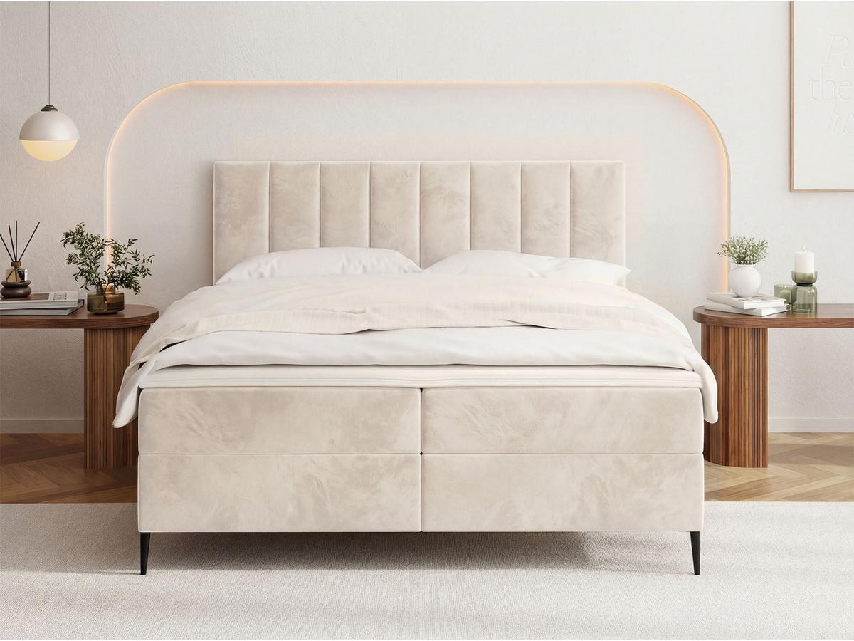 BOXBETT Allen mit Bettkasten, Samt Beige 120x200 cm – inkl. H4 Taschenfederkern Matratze & Foam Topper - Ecru/Beige, Holz/Holzwerkstoff (120/200cm) - WFL GROUP