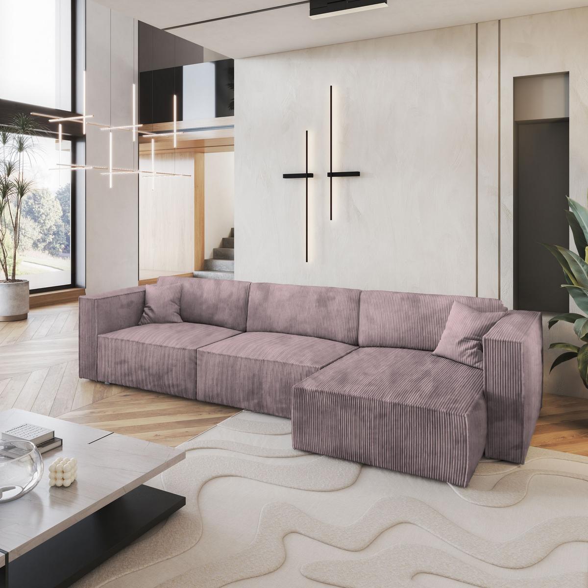 ECKSOFA TOLMO P Lila Kordstoff mit Schlaffunktion - Lila/Grau, Holz/Kunststoff (347/148cm) - MASSENO