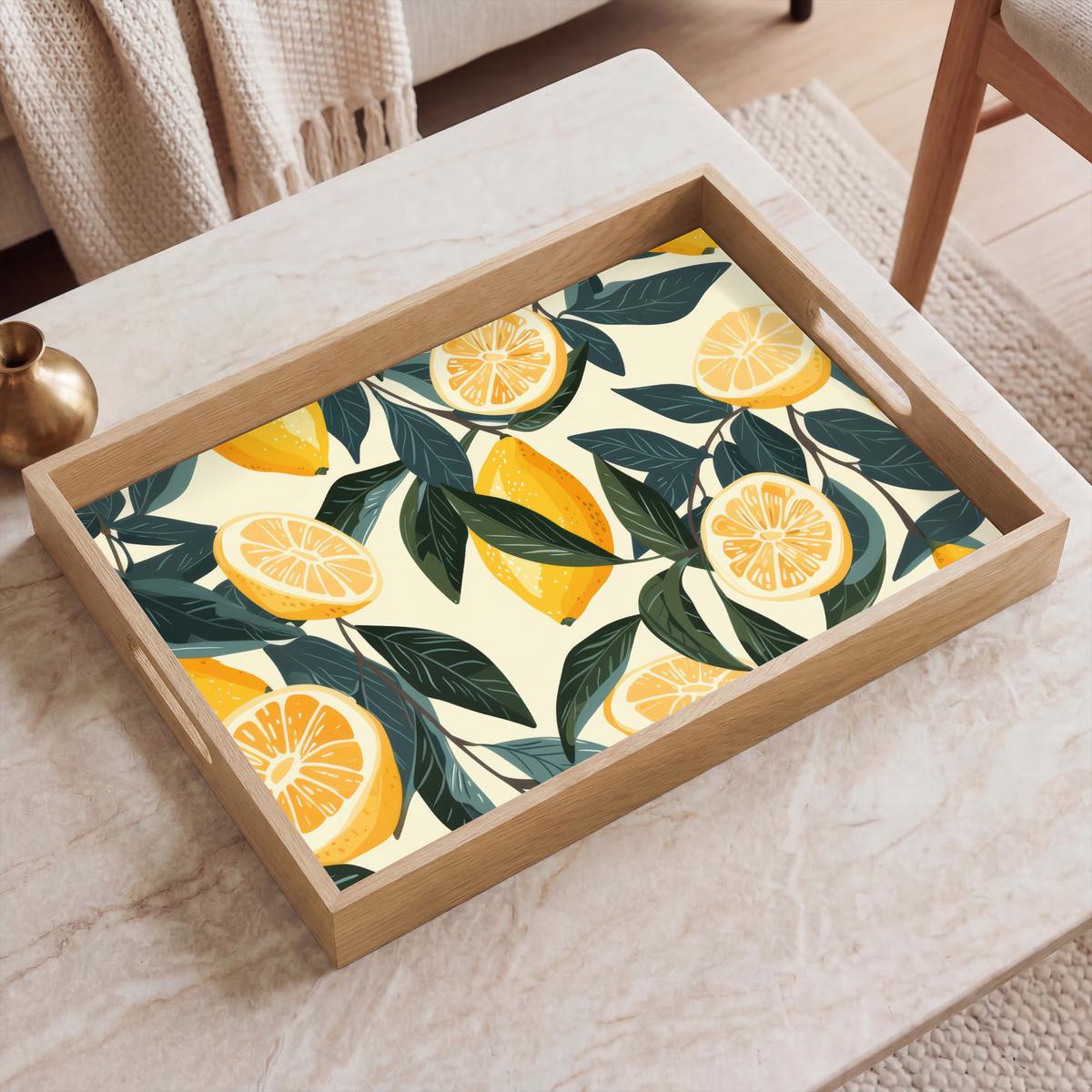 TABLETT Zitronen - Früchte - Blätter - Gelb - Grün - Beige 50x35 cm - Gelb, Holz (50/5/5cm) - OnlyWow