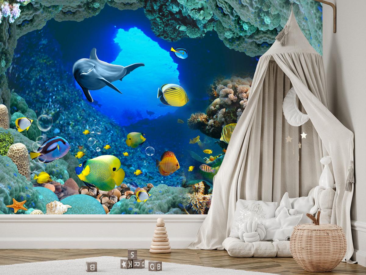 FOTOTAPETE für Badezimmer Unterwasser Korallenriffe Fische 350x256 - Türkis/Blau, Papier (350/256cm) - Muralo
