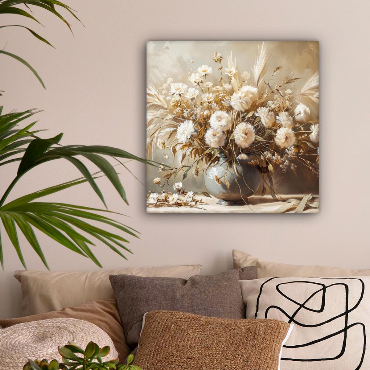 LEINWANDBILD Blumen - Vase - Stilleben - Beige Wandbild Wohnzimmer 50x50 cm - Creme, Textil (50/50cm) - MuchoWow
