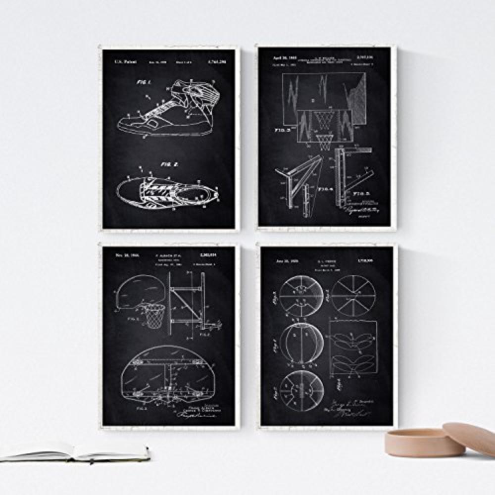 POSTER Set mit 4 Schwarz Basketball Patent A4 Schwarzer Rahmen - Schwarz, Papier (29.7/3cm) - Nacnic